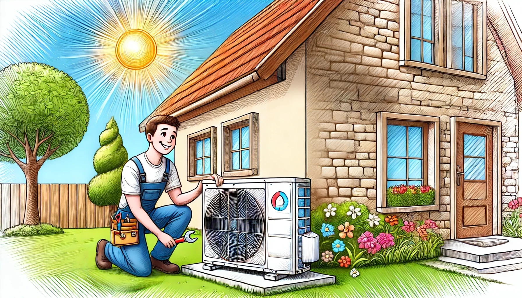 A Drawing Style Image Showing The Importance Of Maintaining Air Conditioning Before Summer. The Scene Features A Cheerful Technician Servicing A